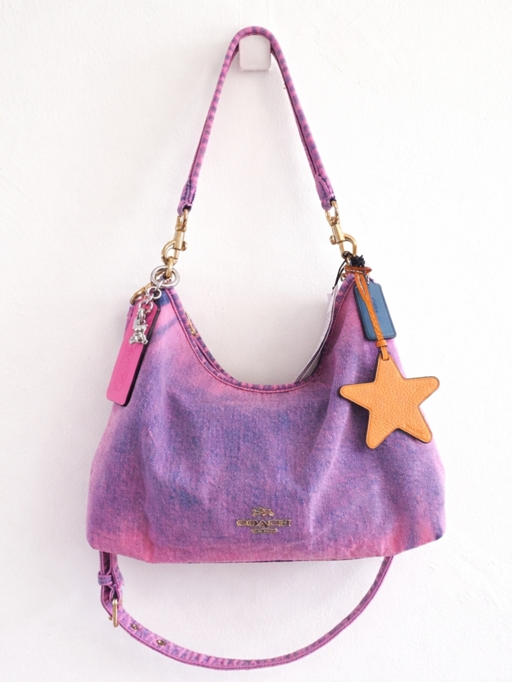 Custom Hand-Dyed Pink Coach Laurel Shoulder Bag | Reworked Denim with Charms